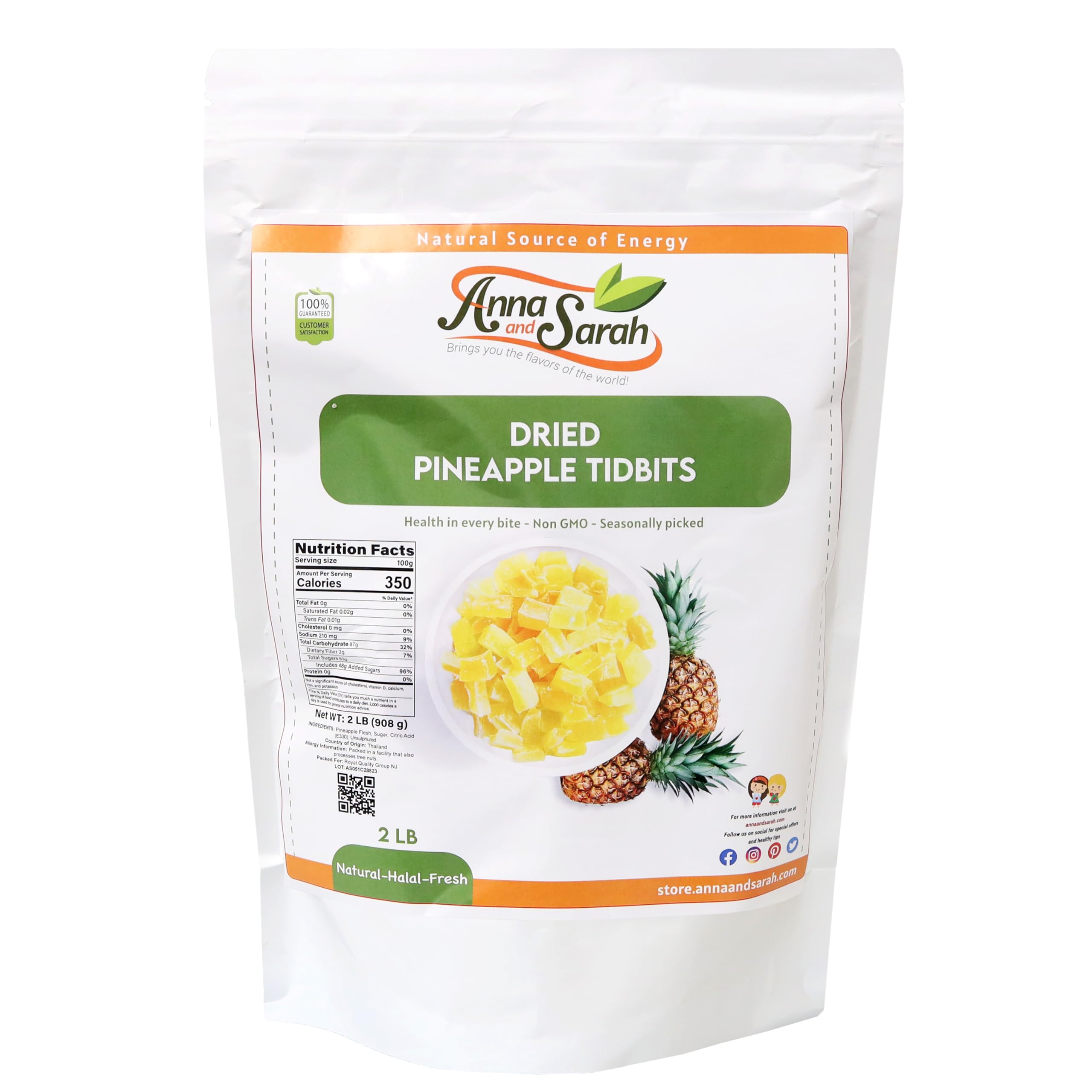 Anna and Sarah Dehydrated Pineapple Tidbits NATURAL NO SO2, Non GMO, Gluten Free, High In Fibers in Resealable Bag, 2 Lbs