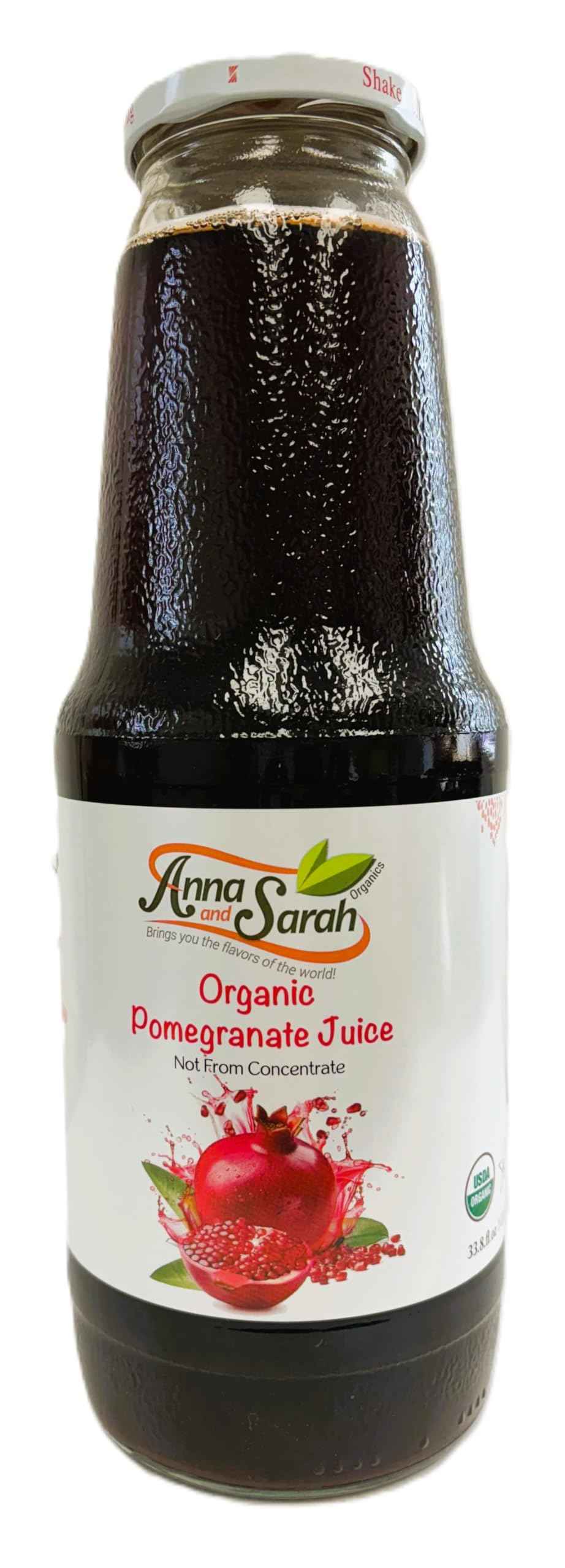 Anna and Sarah 33.8 Oz Organic Pomegranate Juice - USDA Organic Certified - Glass Bottle (2 Pack) No Sugar, No Artificial Colors, No Preservatives, No Flavors Added,NOT from CONCENTRATE