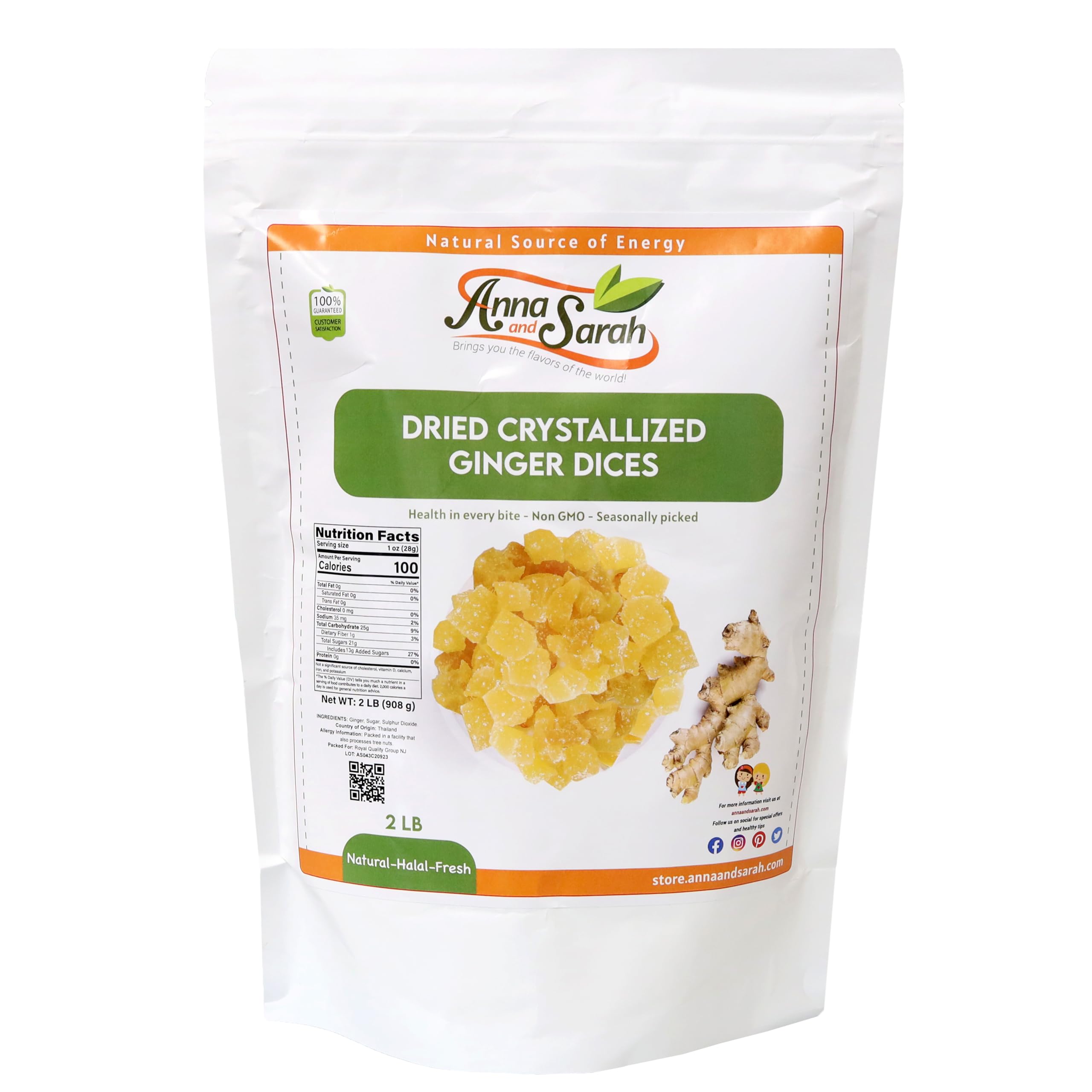 Anna and Sarah Dehydrated Ginger Dices Non GMO, Gluten Free, High In Fibers in Resealable Bag, 2 Lbs