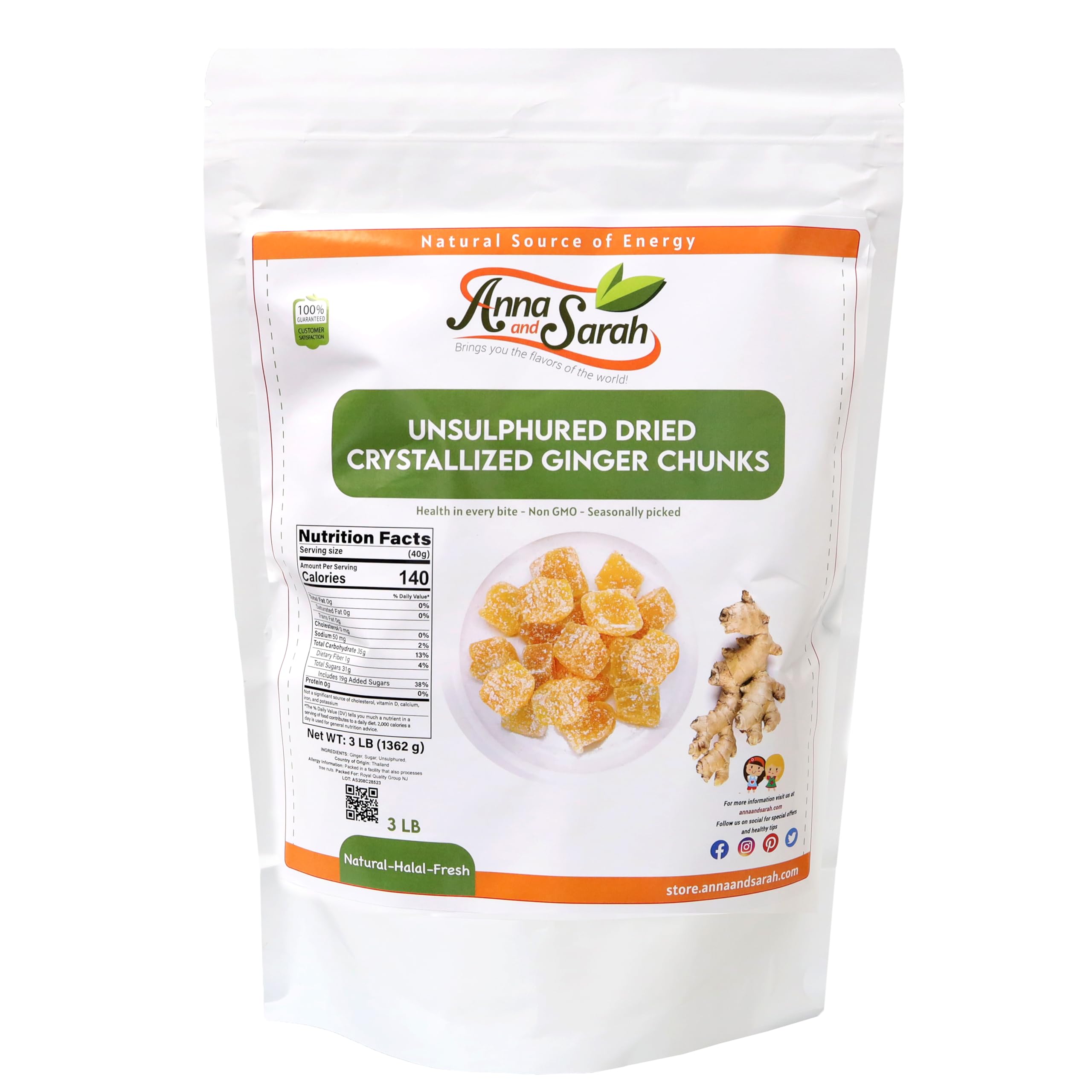 Anna and Sarah Unsulphured Crystallized Ginger Chunks in Resealable Bag, 3 Lbs