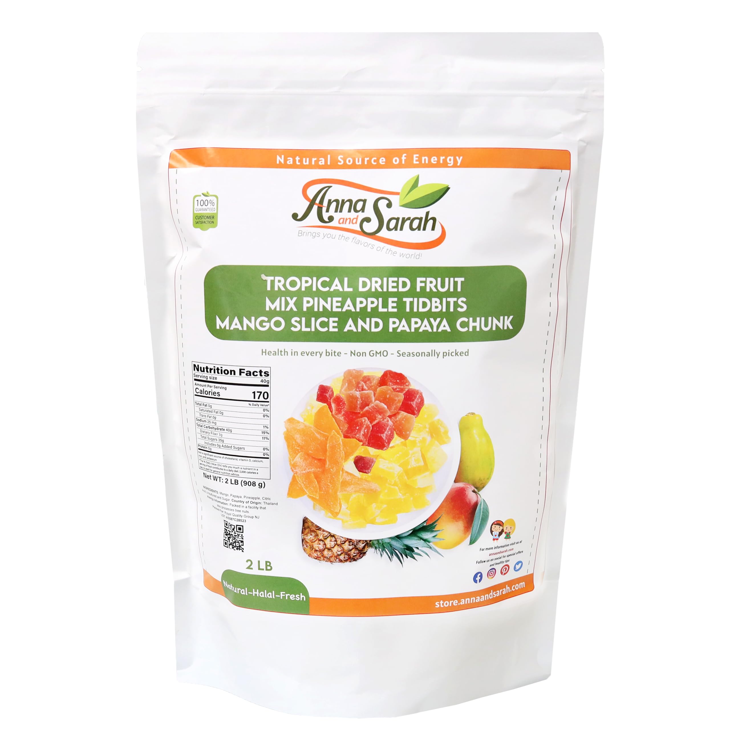 Anna and Sarah, Unsulphured Tropical Dried Fruit Mix Pineapple Tidbits, Mango Slice and Papaya Chunk, Un Non GMO - Gluten Free - High Fibers in Resealable Bag, 2 Lbs