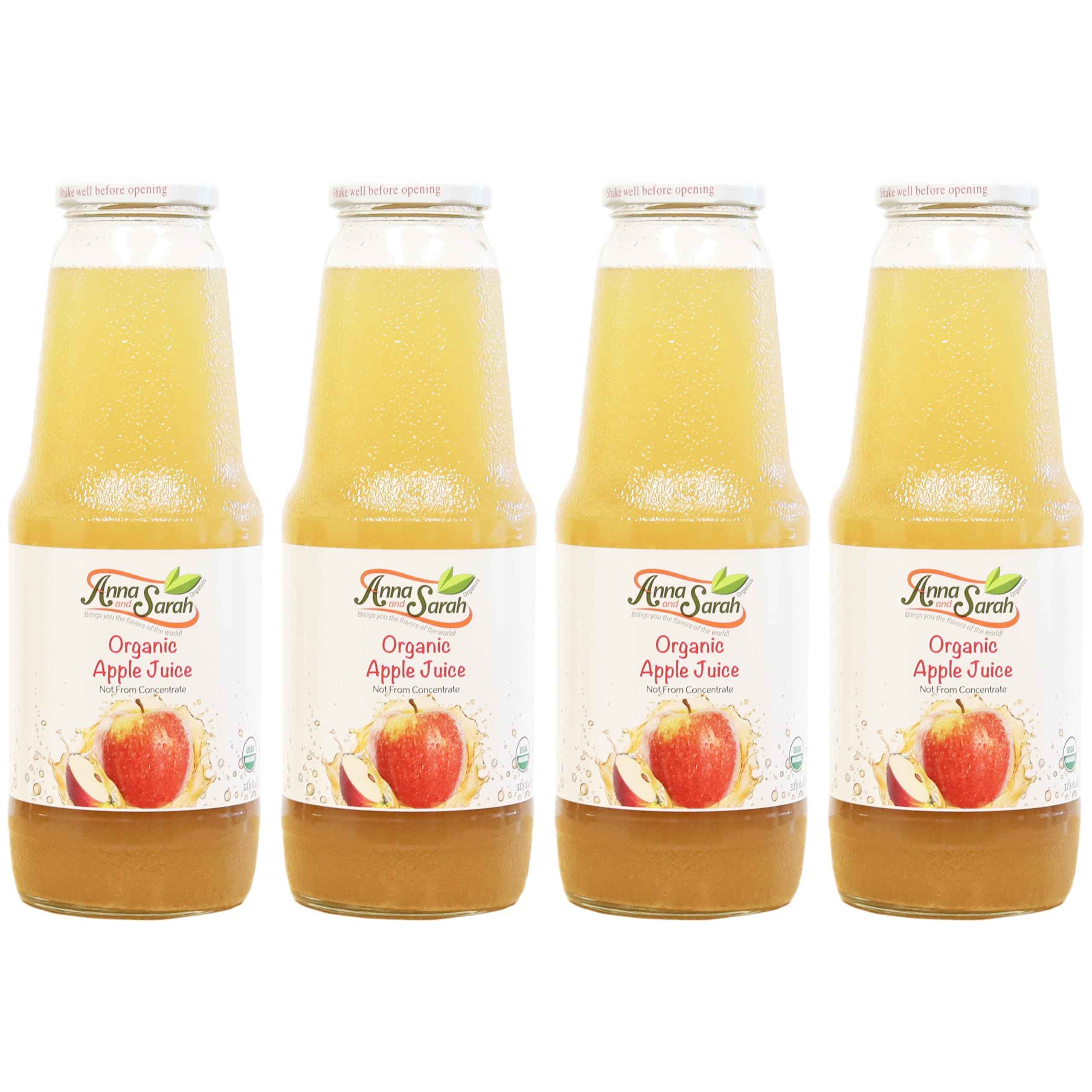 Organic Apple Juice 4 Pack - USDA Certified, No Added Sugar, 33.8 oz