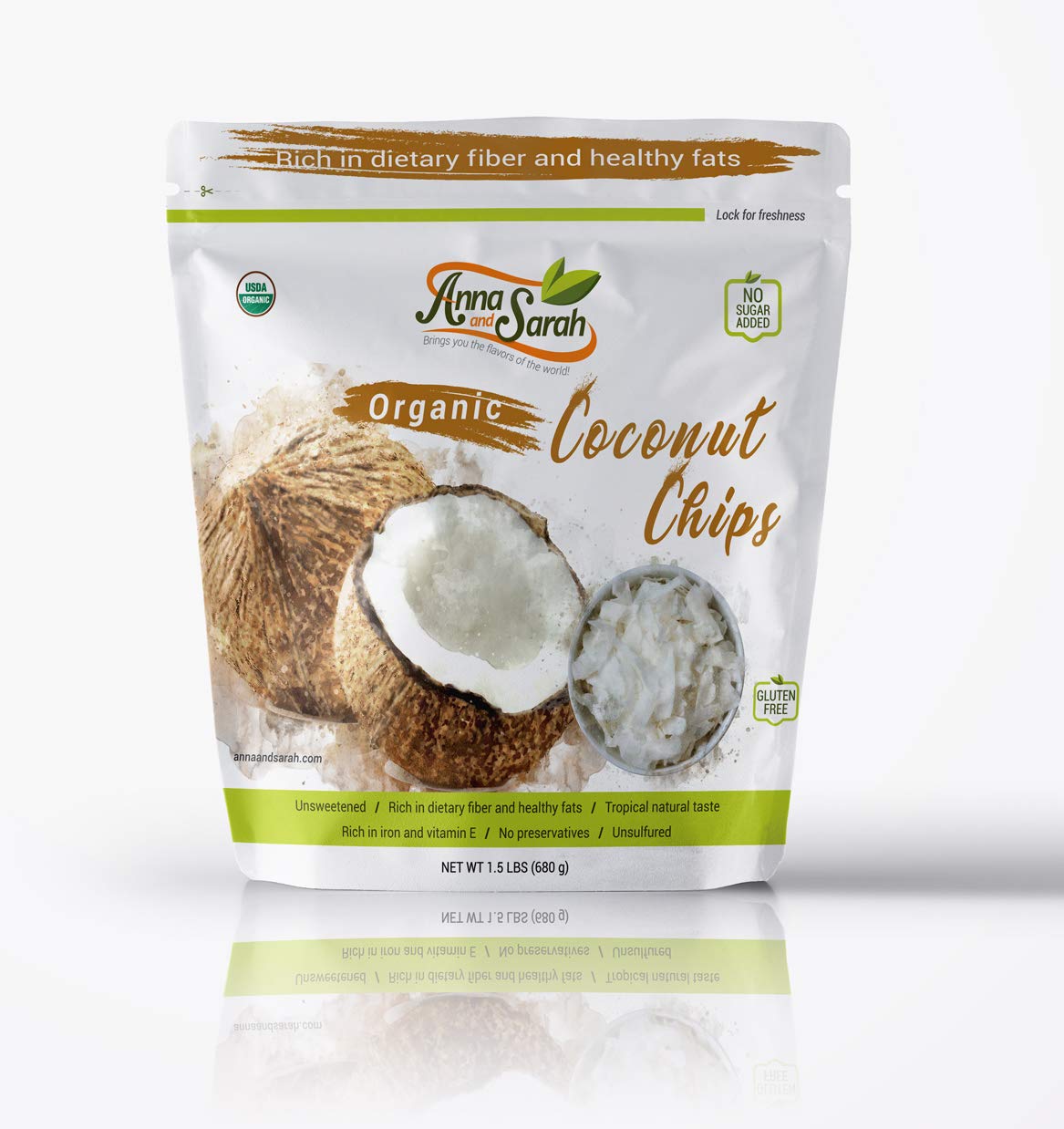 Organic Coconut Chips on the white background in resealable pack front  by Anna and Sarah
