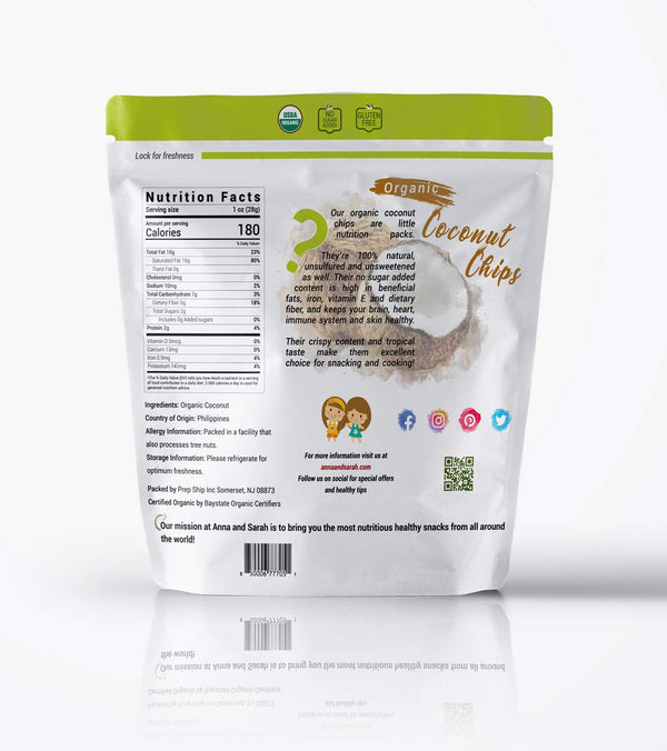 Organic Coconut Chips on the white background in resealable pack rear by Anna and Sarah