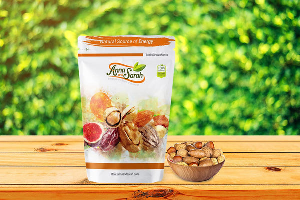 Premium Mixed Nuts in Shell California Jumbo Chandler Walnuts | Georgia Extra Large Pecans | California Almonds | Large Oregon Hazelnuts | Buttery Taste Brazil Nuts on the wooden ground in resealable pack with small ball mixed nuts inside by Anna and Sarah