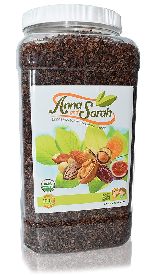 Organic Raw Cacao Nibs Plant-Based in Four Pounds Jar on the white ground right front by Anna and Sarah